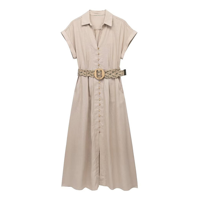 Belted Shirt Neck Button Front Linen Shirt Midi Dress