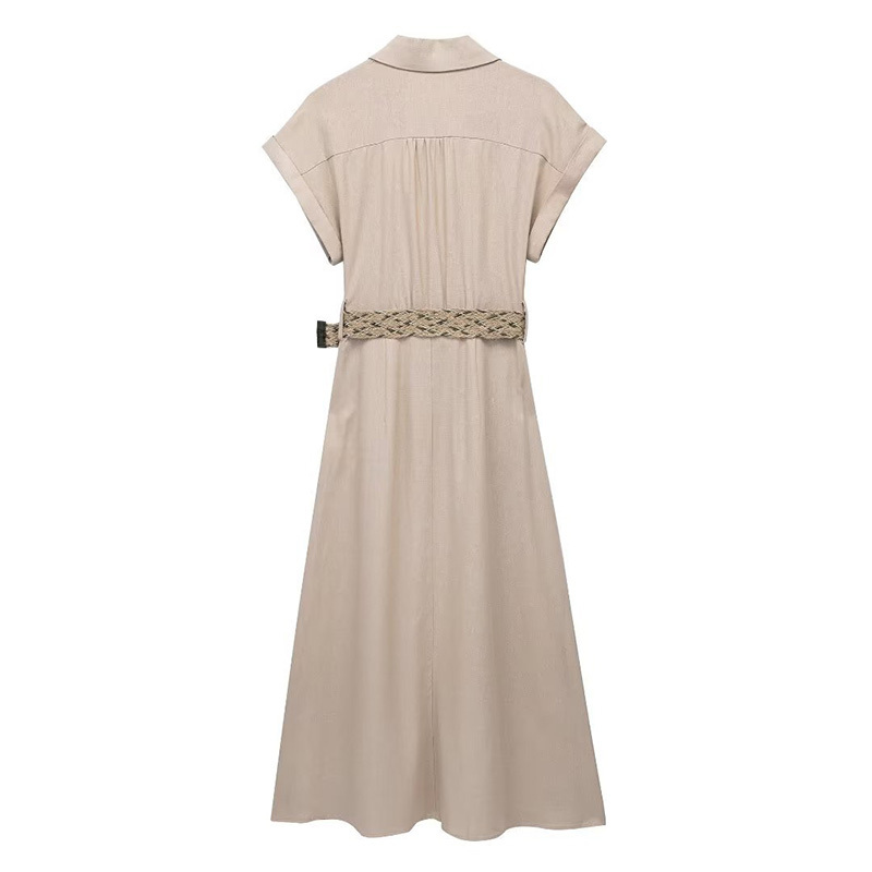 Belted Shirt Neck Button Front Linen Shirt Midi Dress