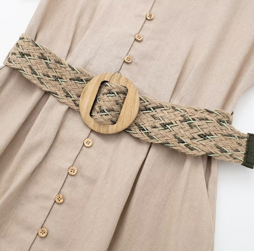 Belted Shirt Neck Button Front Linen Shirt Midi Dress