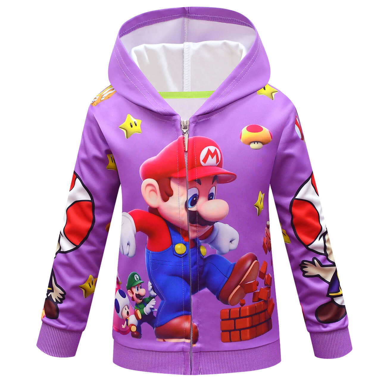 Boys Girls Super Mario Print Kids Full Zip Hooded Sweatshirt