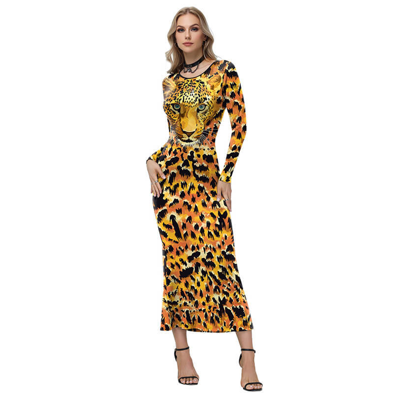 Womens Leopard Print Long Sleeve Halloween Party Maxi Dress Costume