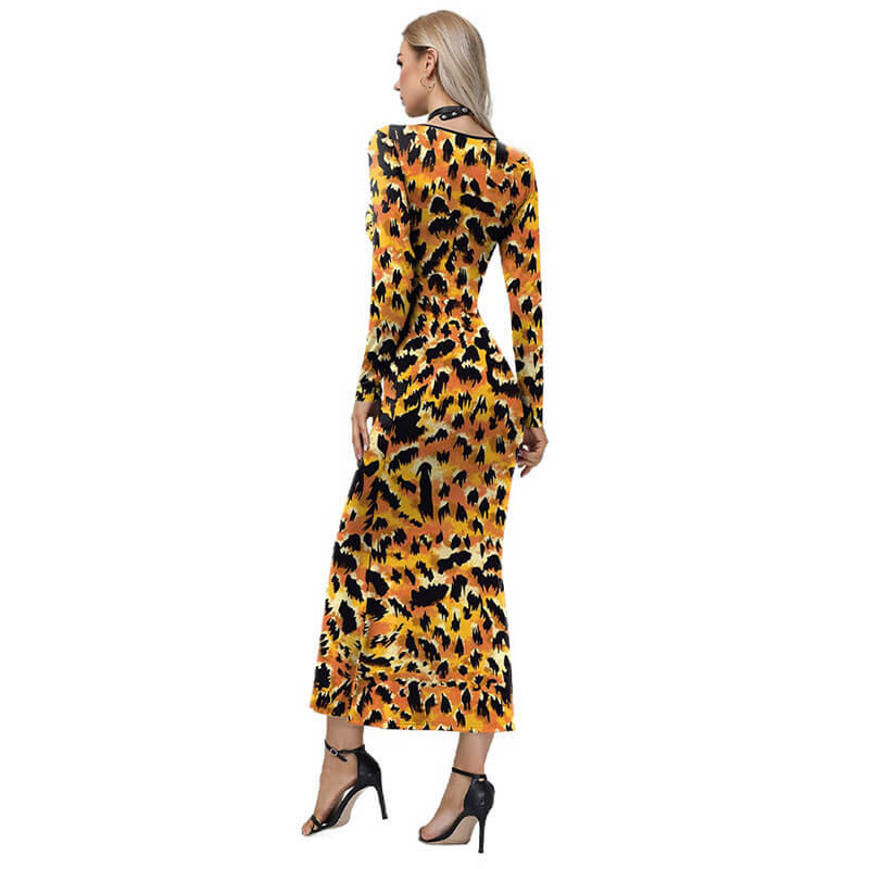 Womens Leopard Print Long Sleeve Halloween Party Maxi Dress Costume