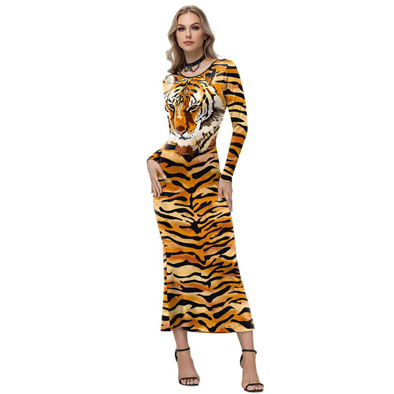 Womens Long Sleeve Tiger Maxi Dress Halloween Party Costume