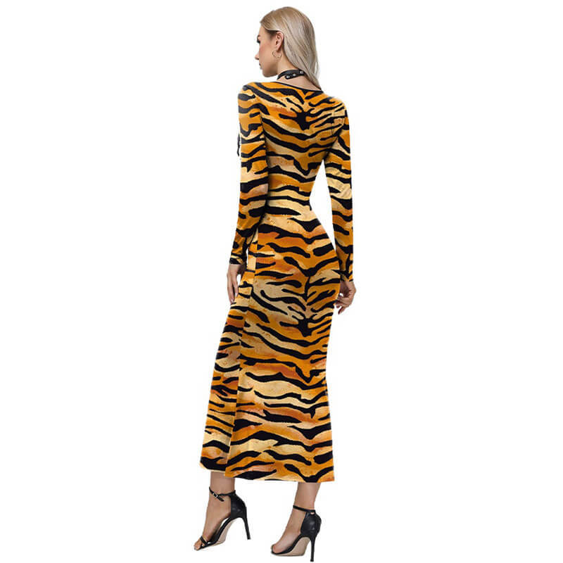 Womens Long Sleeve Tiger Maxi Dress Halloween Party Costume