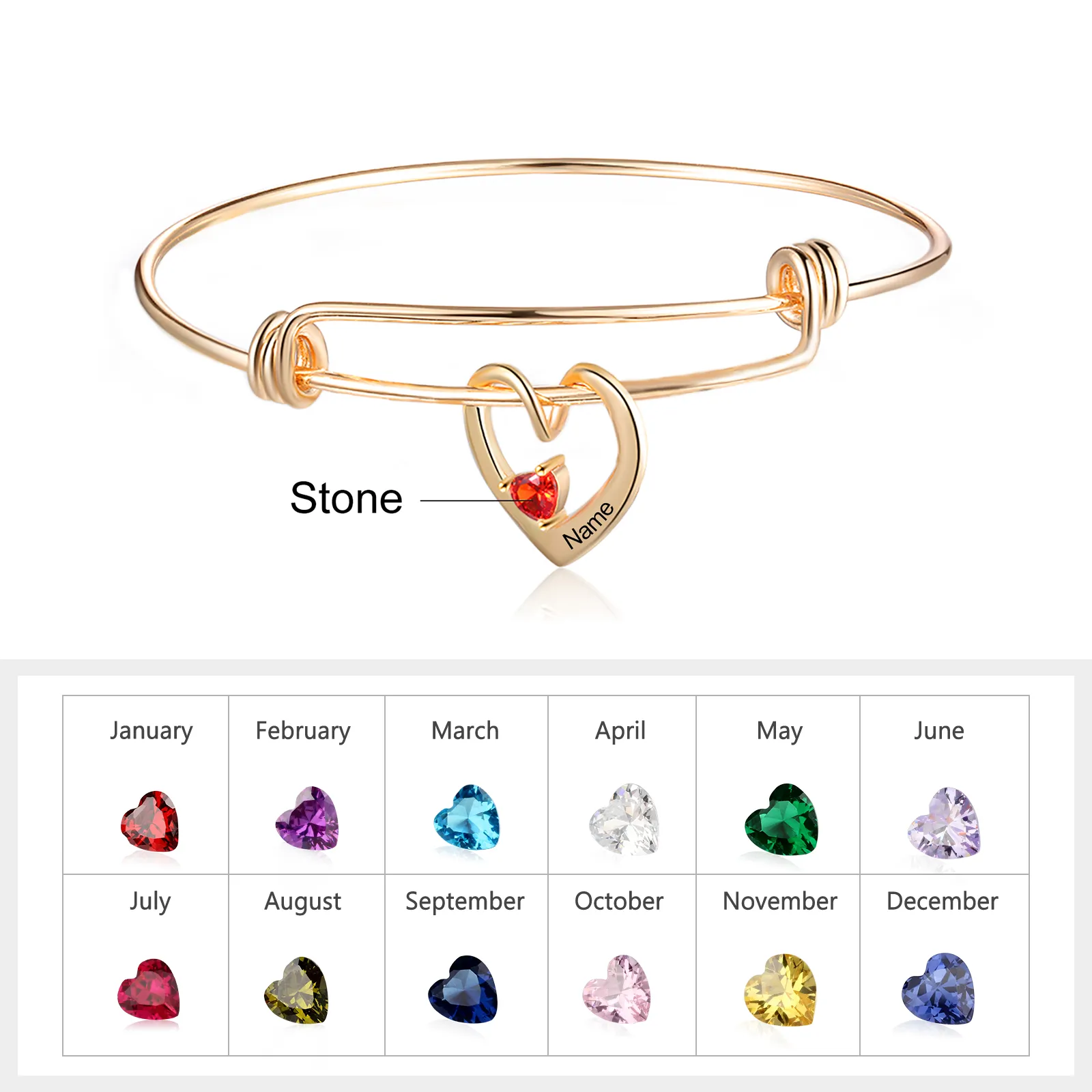 Personalized Heart Name Birthstone Bracelet For Mom Grandma
