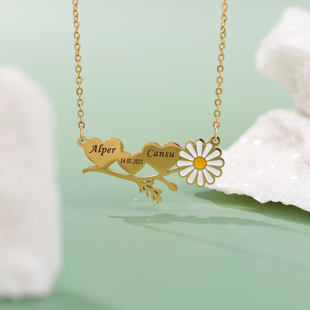 Personalized Heart Daisy Necklace
