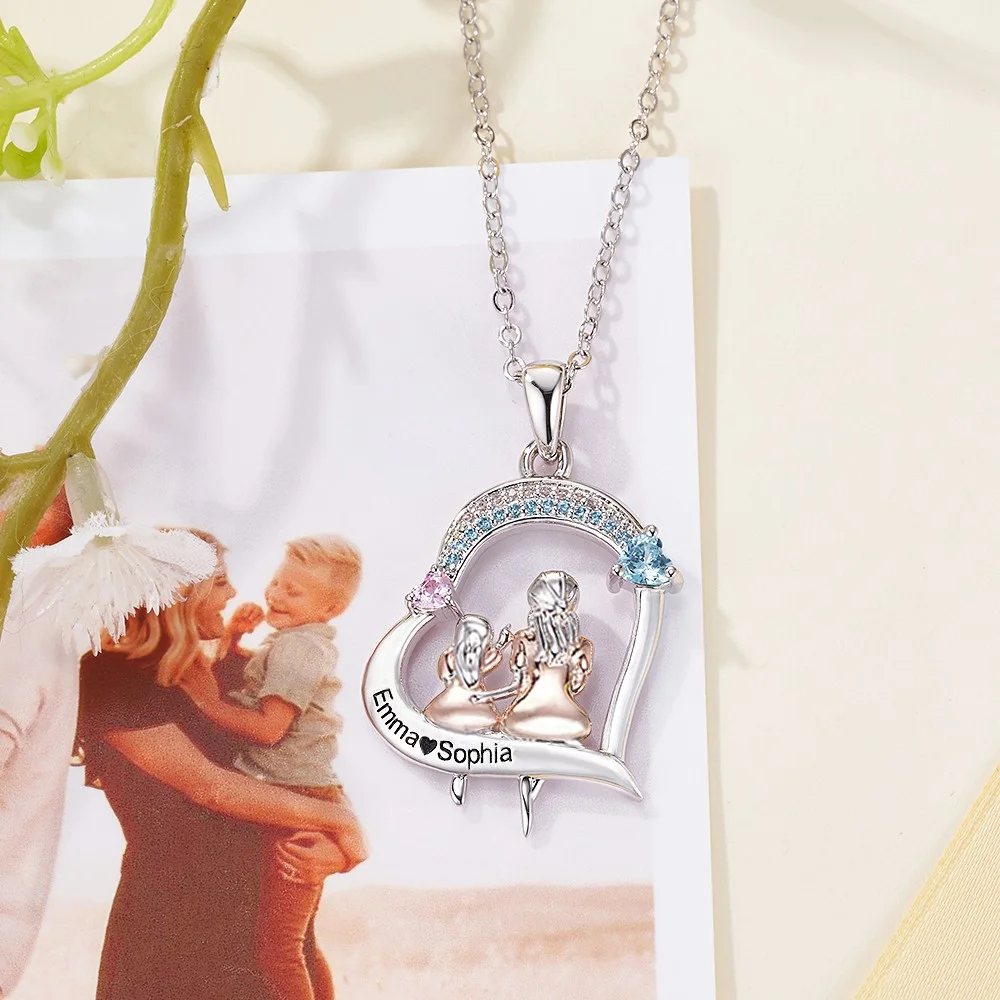 Custom Engraved Mother & Daughter Heart Necklace with Two Birthstones,