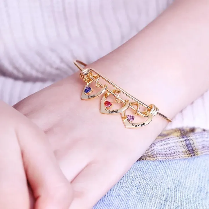 Personalized Heart Name Birthstone Bracelet For Mom Grandma