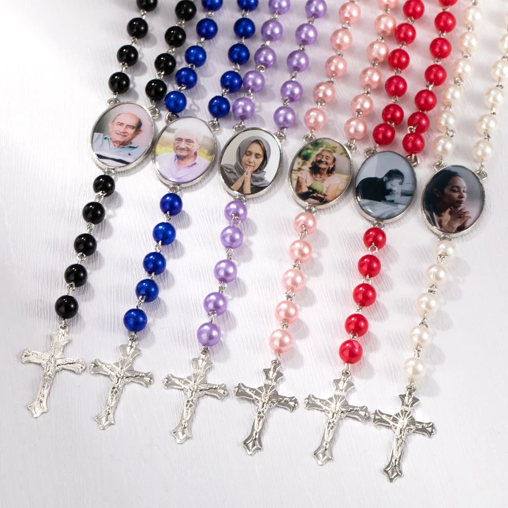 Personalized Multi-Color Rosary Beads Cross Necklace with Photo Memorial Gift