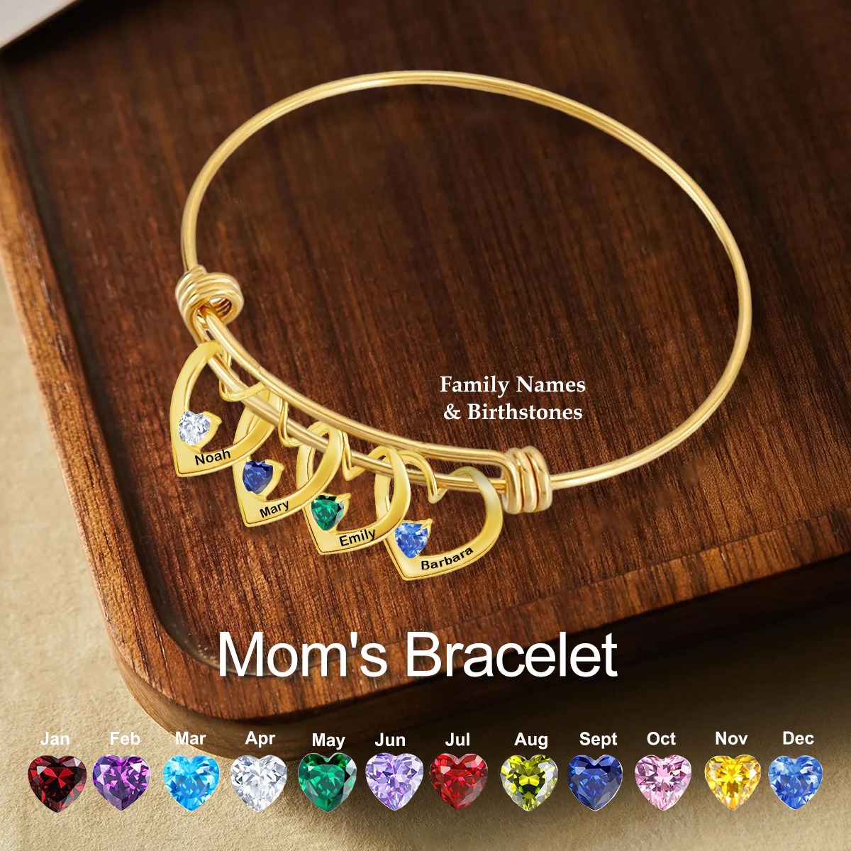 Personalized Heart Name Birthstone Bracelet For Mom Grandma