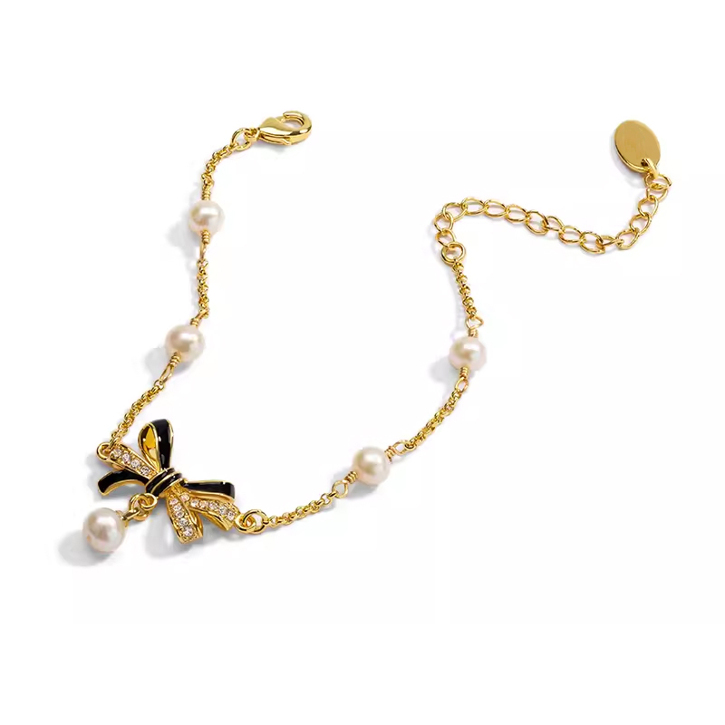 18K Sweet Bow Tie Pearl Enamel Bracelet