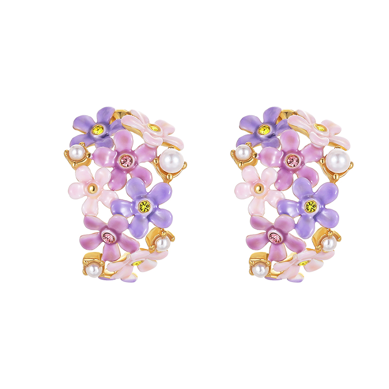 18K Pink and Purple Florentine Pearl and Enamel Stud Earrings-Cluster 