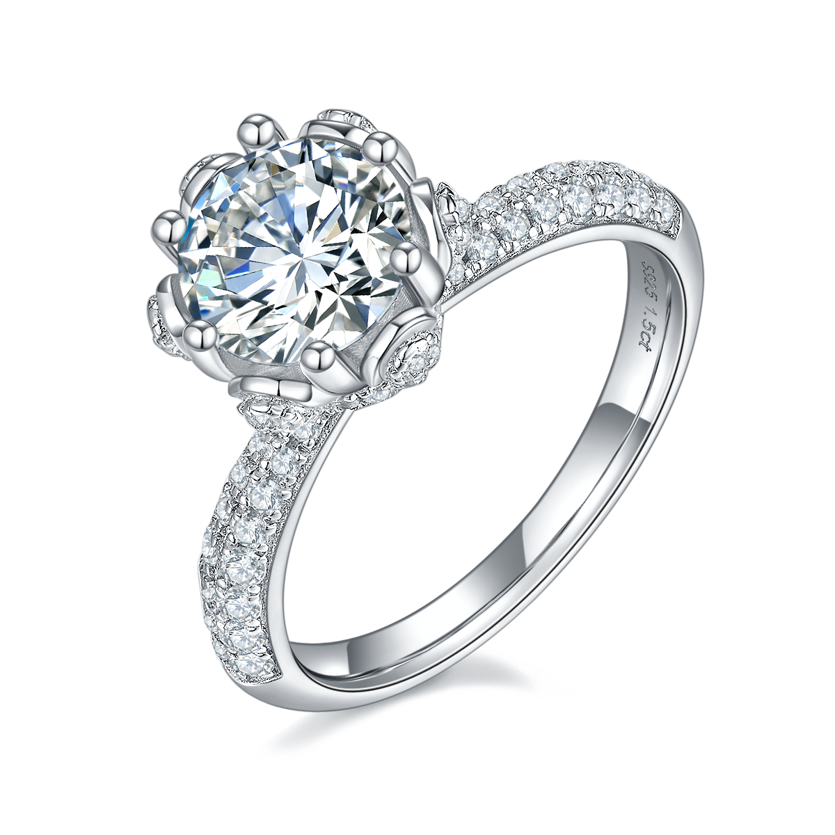 DEDEJILL Luxurious Pave Flower Deity Sterling Silver Plated Platinum Round Cut Moissanite Ring