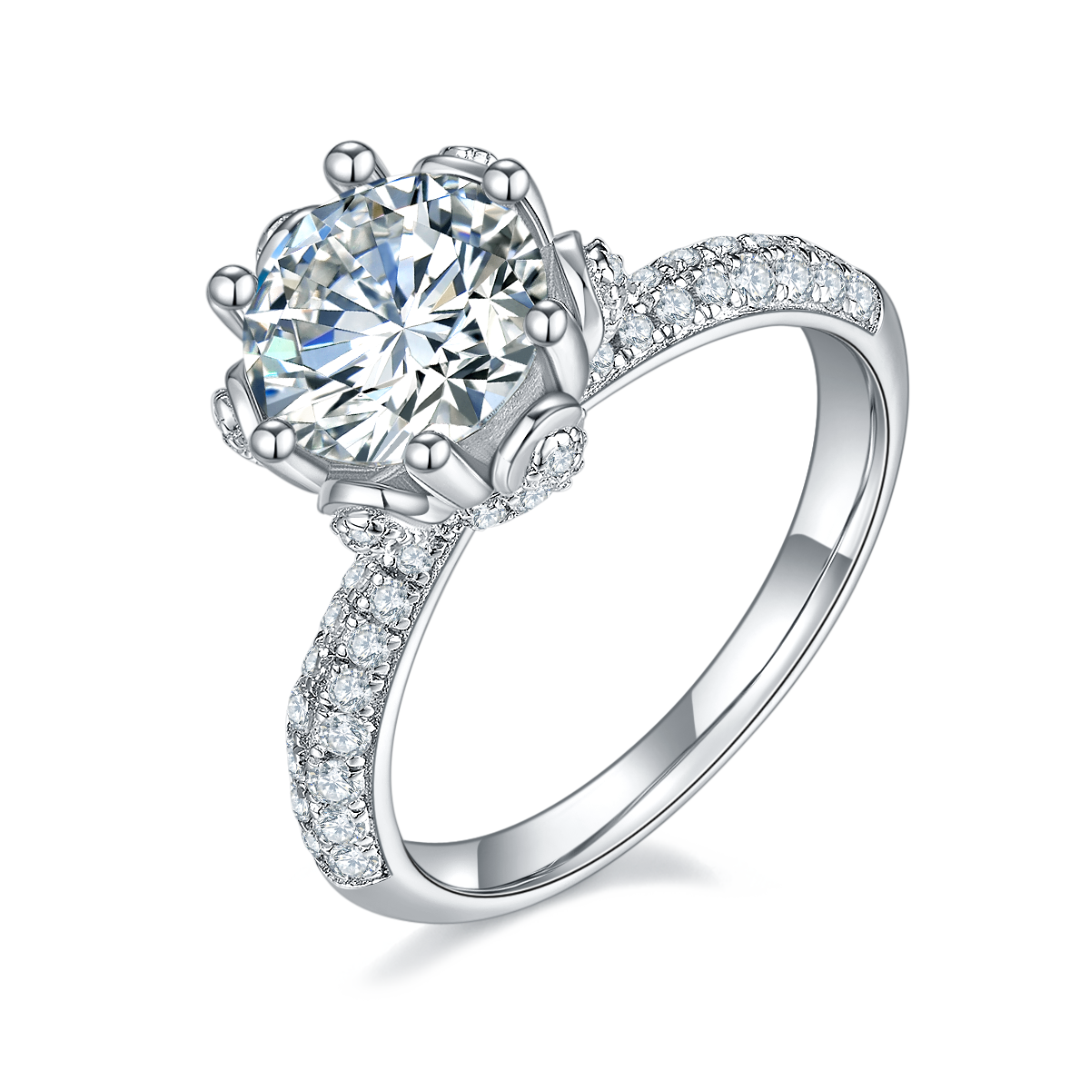 DEDEJILL Luxurious Pave Flower Deity Sterling Silver Plated Platinum Round Cut Moissanite Ring