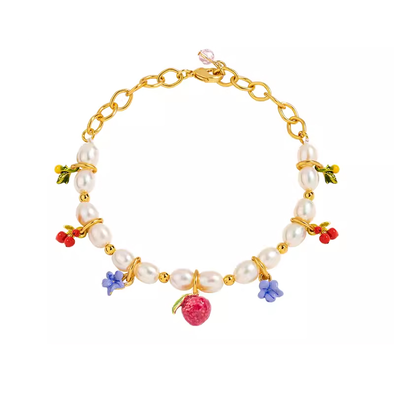 18K Flower Pearl Fruit & Enamel Spirit Bracelet