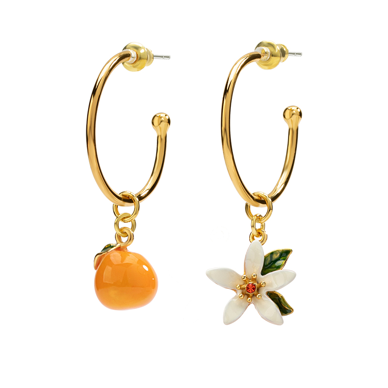 18K Orange Blossom Asymmetrical Enamel Earrings Hoops