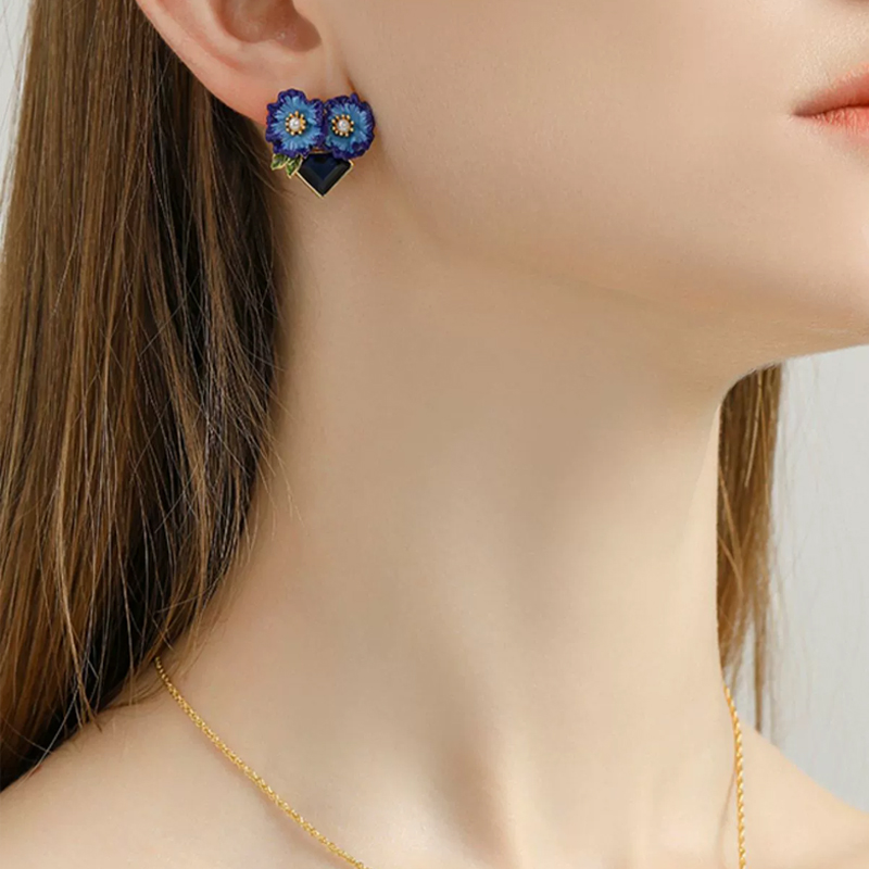 18k Blue Enamel Gemstone Stud Earrings