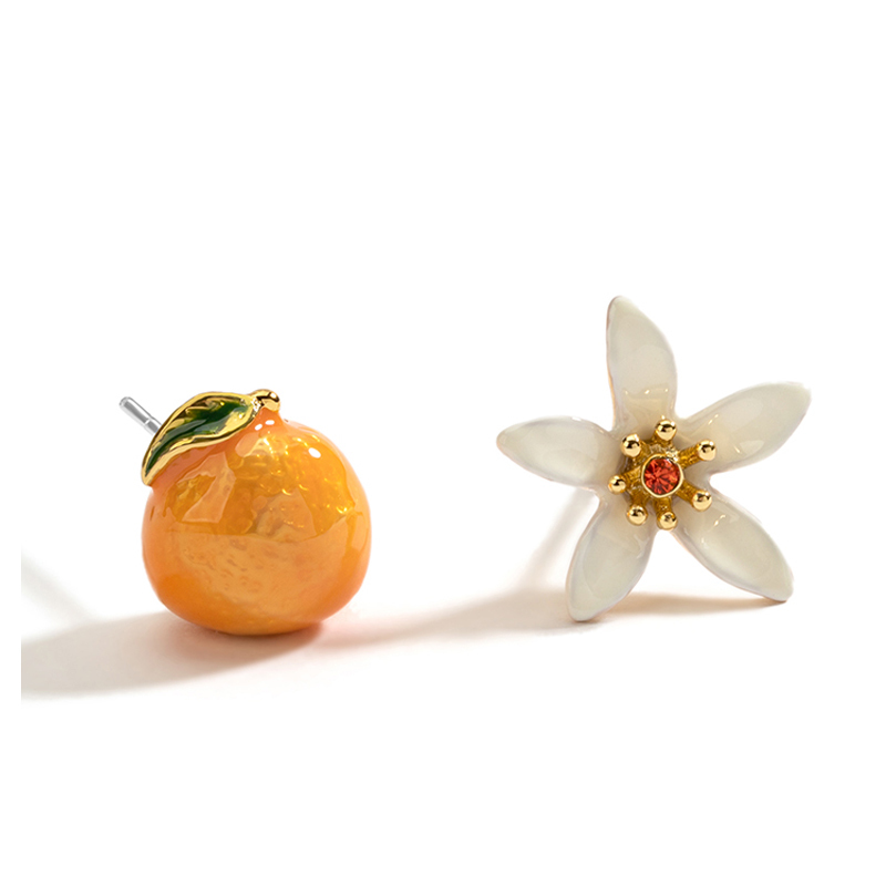 18K Orange Blossom Genki Girl Asymmetrical Enamel Stud Earrings