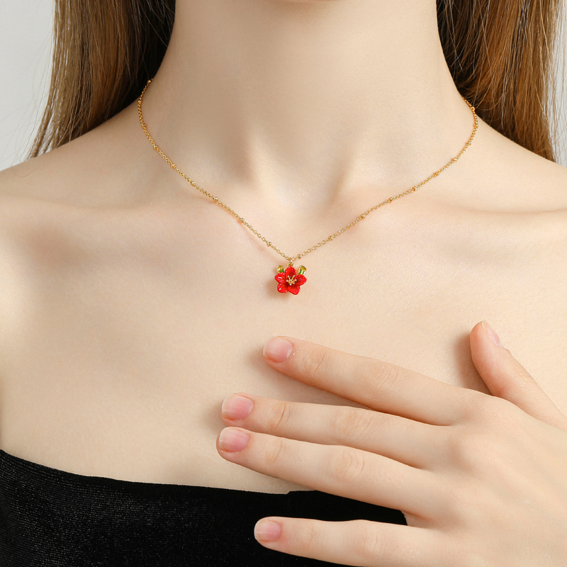 18K Begonia Flower Enamel Necklace