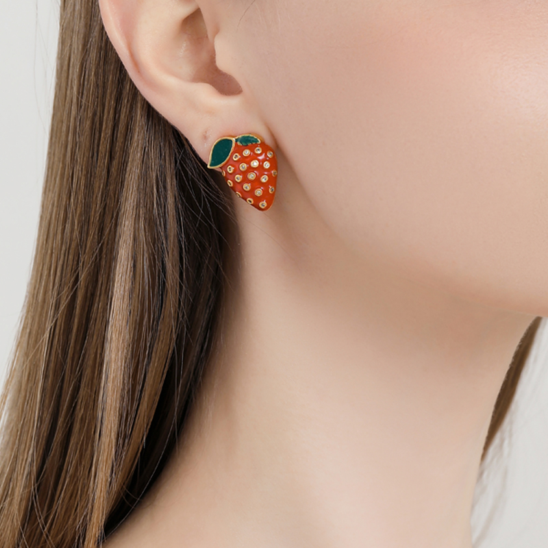 18K Sweet Enamel Strawberry and Diamond Stud Earrings