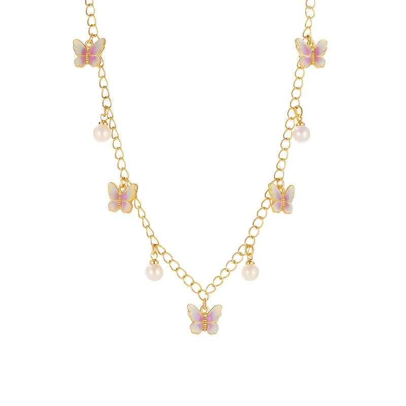�18K Pearl Butterfly Enamel Necklace-、