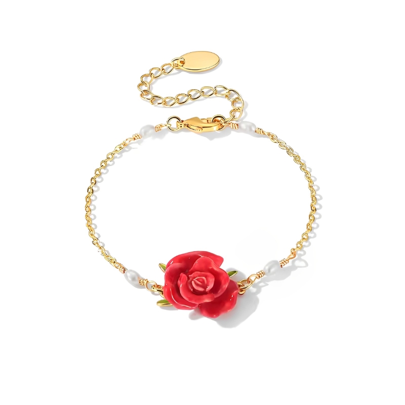 18K Red Rose Enamel Bracelet