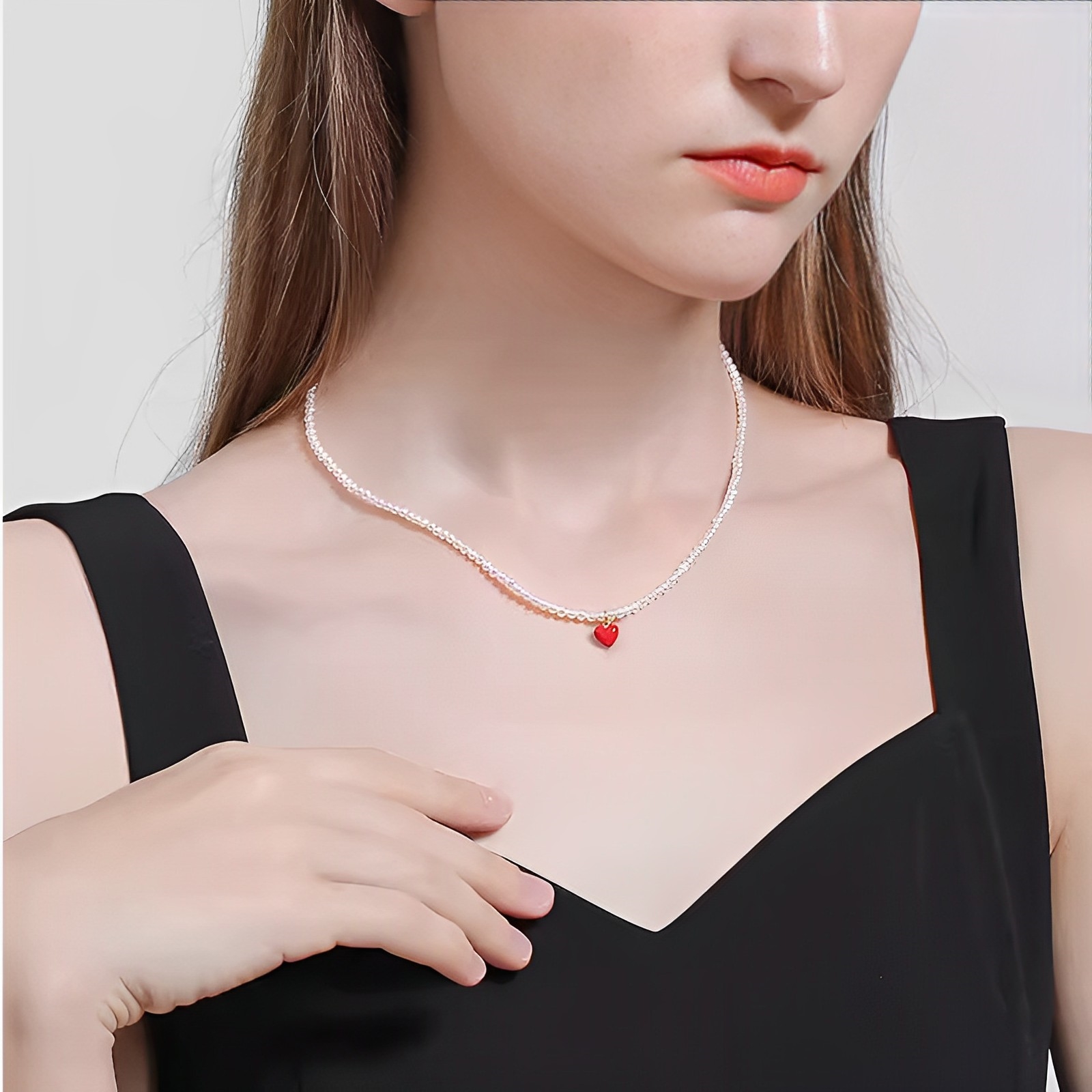 18K Pearl Heart Enamel Necklace