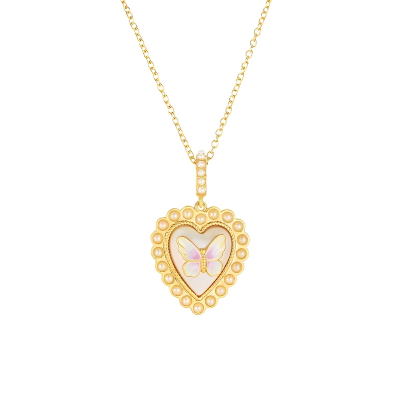 18K Heart Pearl Butterfly Enamel Necklace