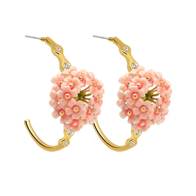 18K Flower Enamel Pearl Earrings - Ear Hook Style