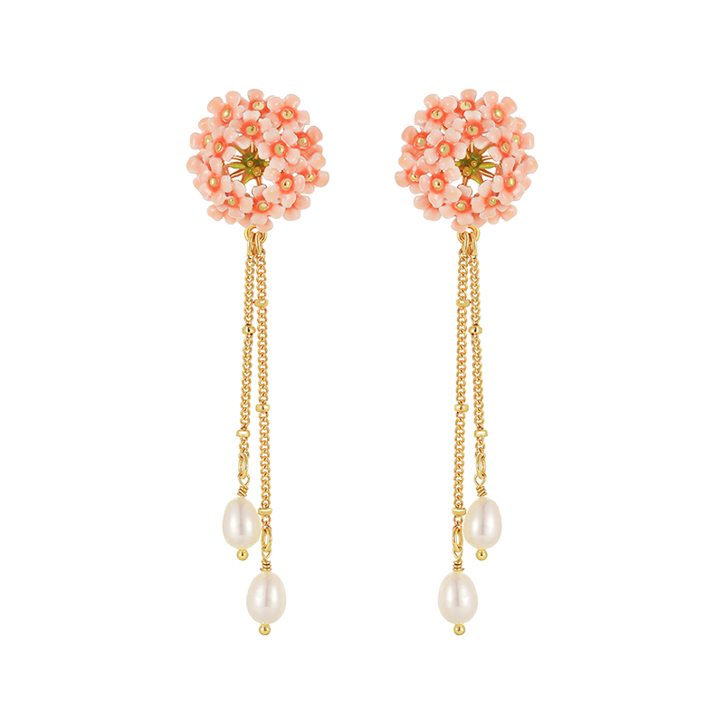 18K Flower Diamond Enamel Earrings-Tassel Long