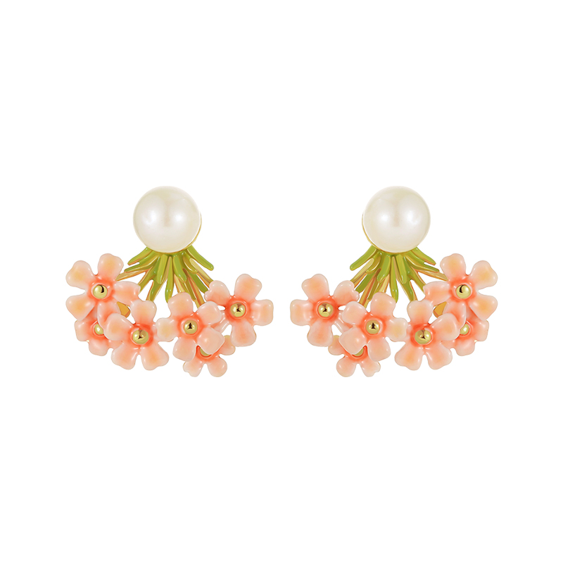 18K Flower Pearl & Enamel Stud Earrings-Short