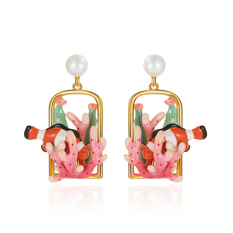 18K Ocean Clown Fish Enamel Earrings-Square Type