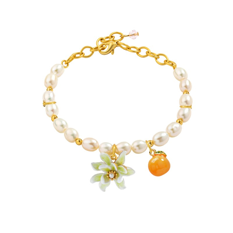 18K Orange Blossom Beautiful Delicate Pearl Enamel Bracelet