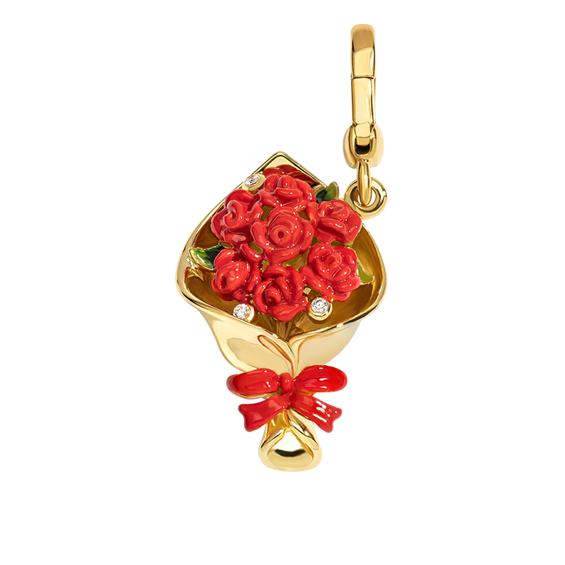 18K Romantic Rose Diamond Bouquet Enamel Pendant🌹💍