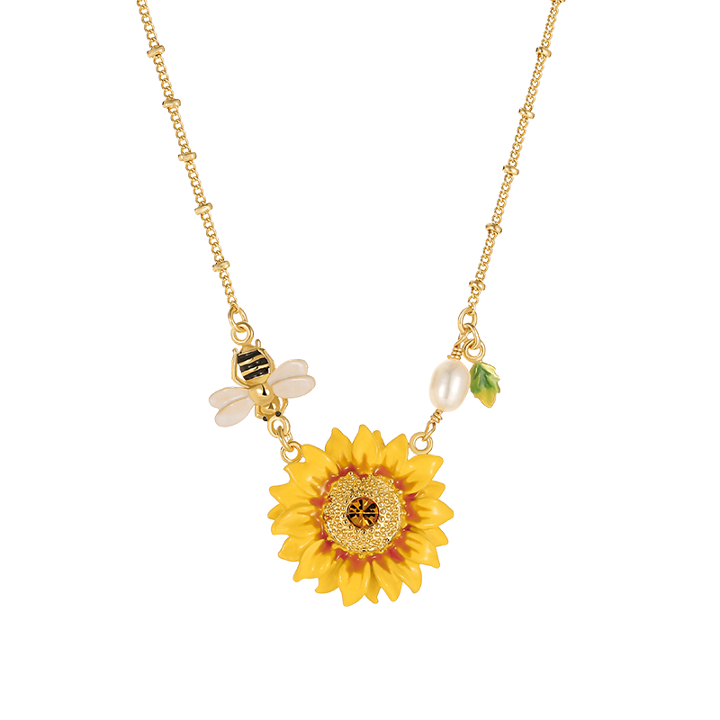 18K Bee Sunflower Enamel Necklace