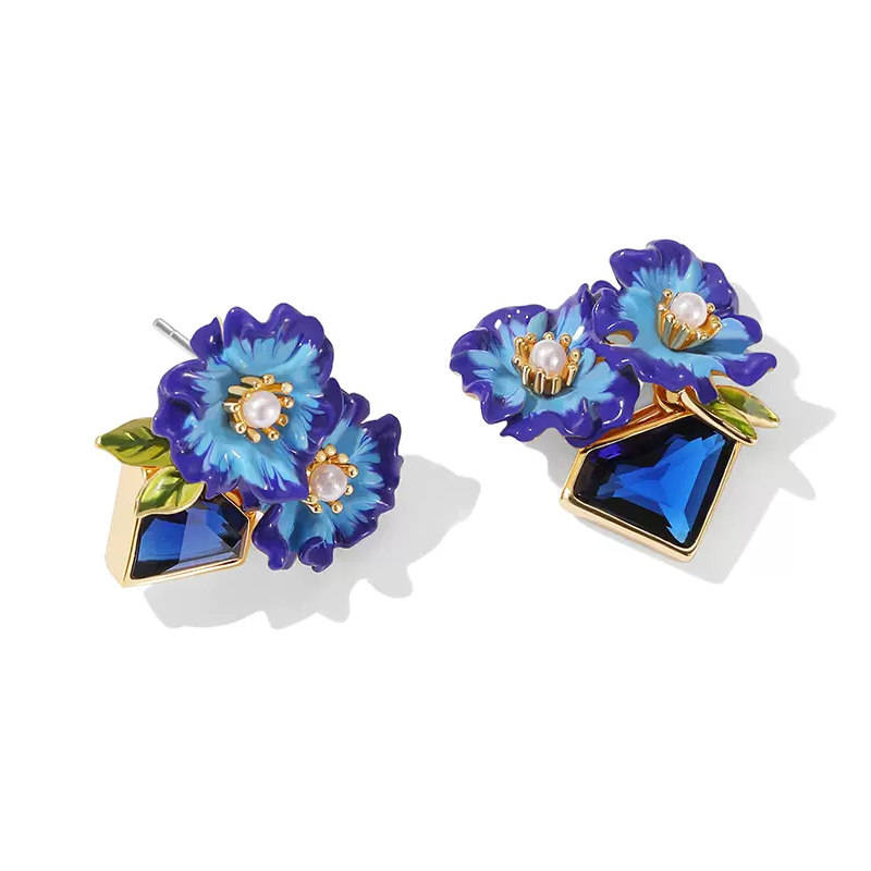 18k Blue Enamel Gemstone Stud Earrings