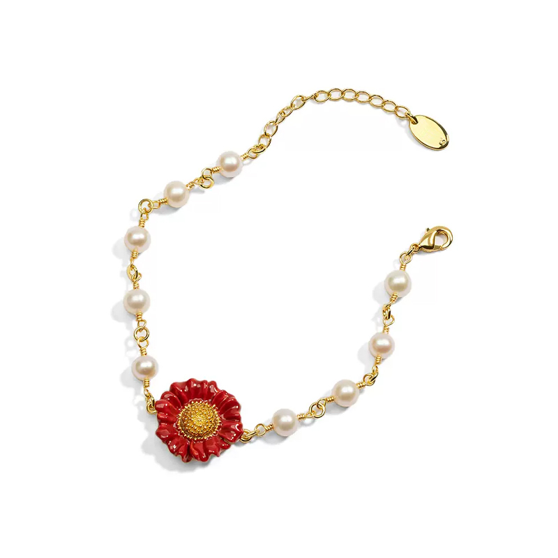 18K Freshwater Pearl Sunflower Enamel Bracelet