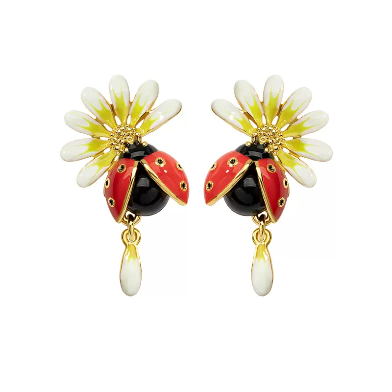 18k Daisy Cute Ladybird Enamel Earrings