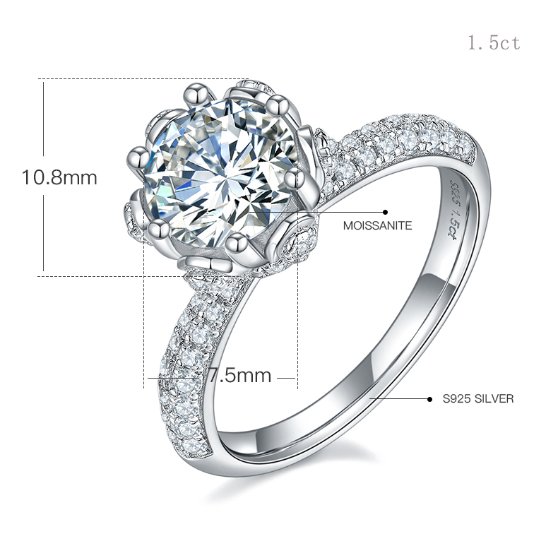 DEDEJILL Luxurious Pave Flower Deity Sterling Silver Plated Platinum Round Cut Moissanite Ring