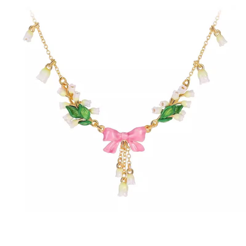 18K Pink Light Luxury Ribbon Bell Orchid Enamel Necklace