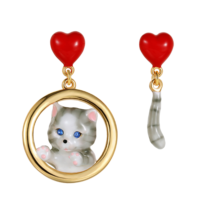 18K Asymmetrical Cute Red Heart Cat Enamel Earrings