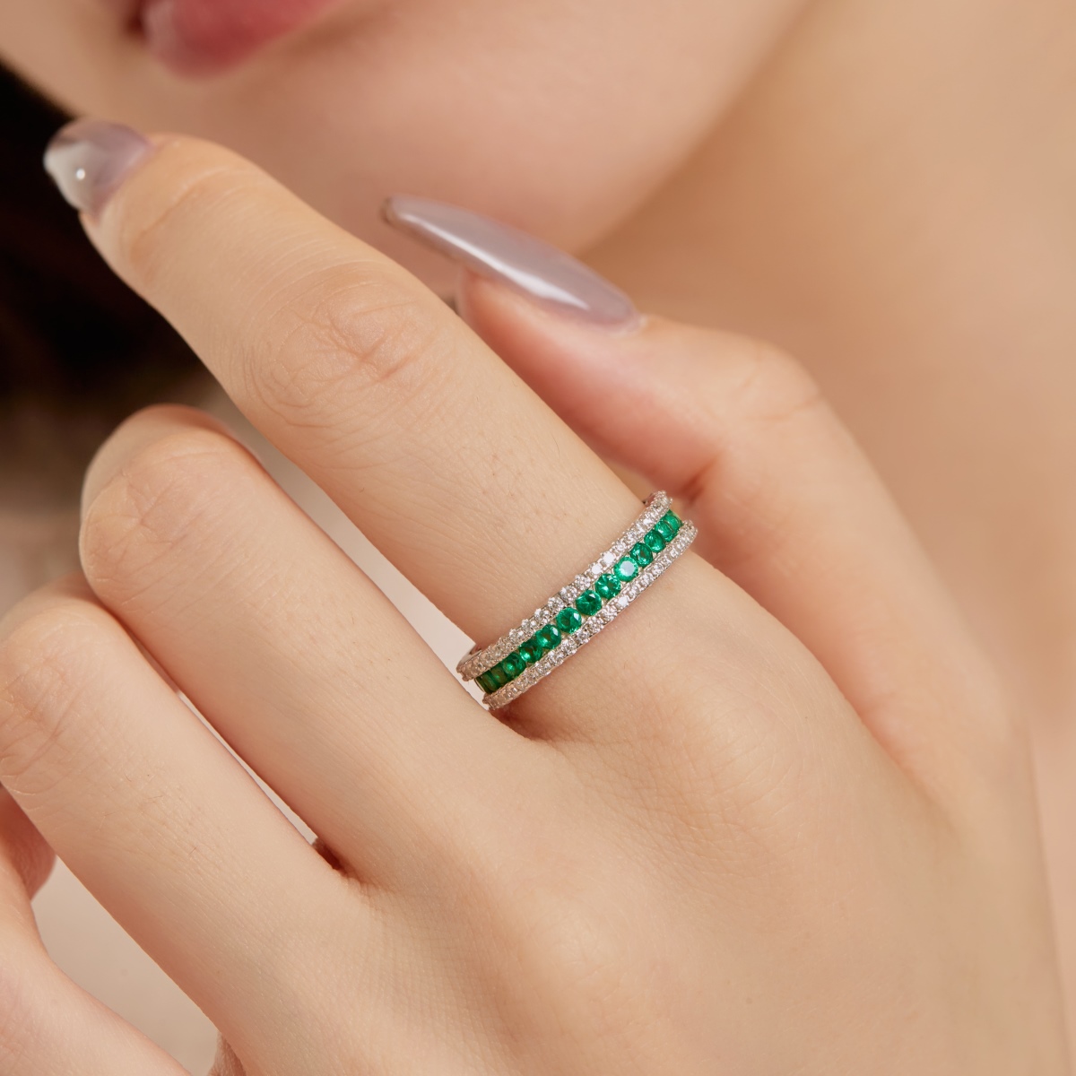 Rainbow Green Sterling Silver Pave Ring