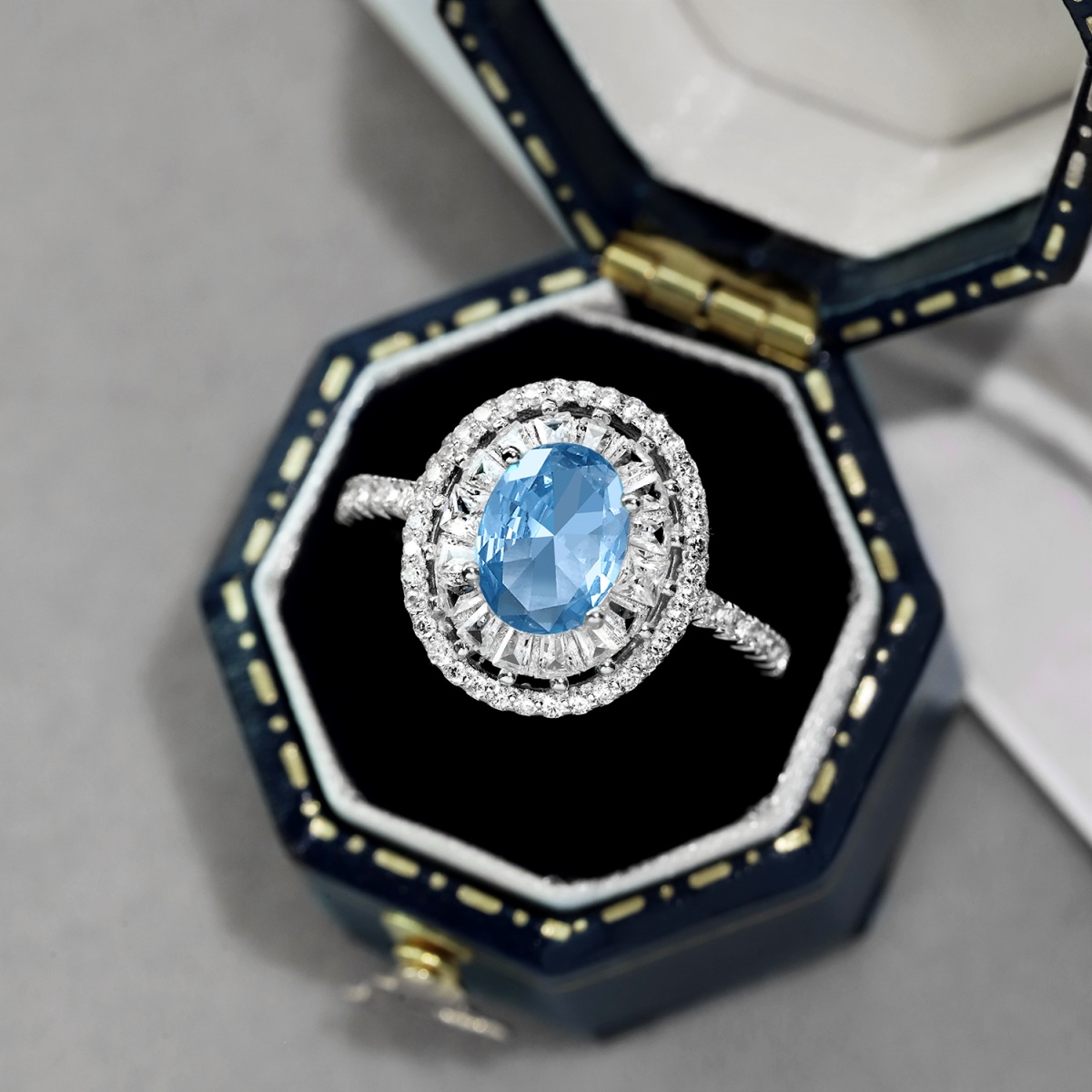 Luxurious Blue Legend Oval Halo Pave Sterling Silver Ring