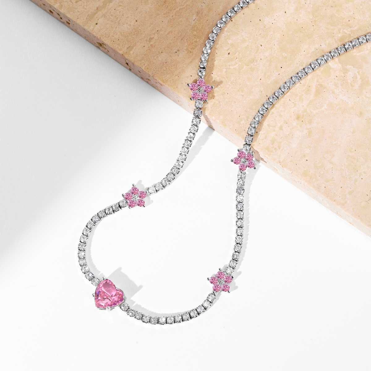 Pink Sweet Heart Floret Sterling Silver Tennis Necklace