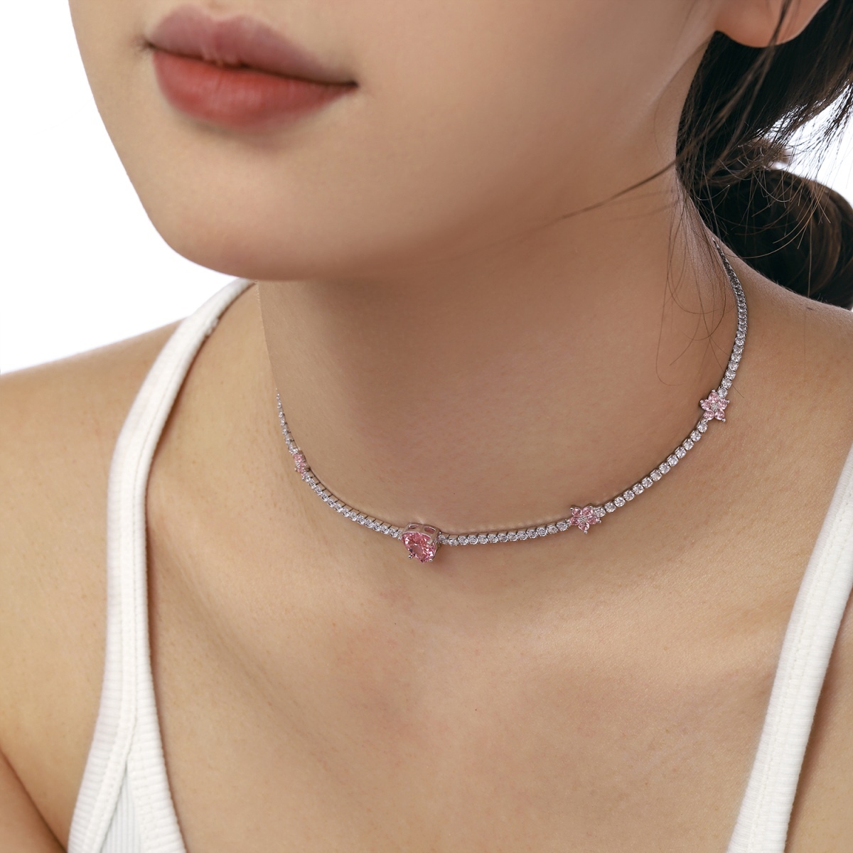 Pink Sweet Heart Floret Sterling Silver Tennis Necklace