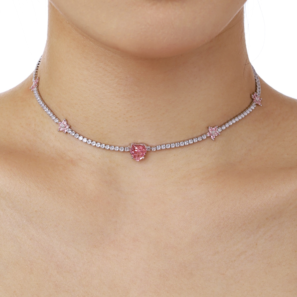 Pink Sweet Heart Floret Sterling Silver Tennis Necklace