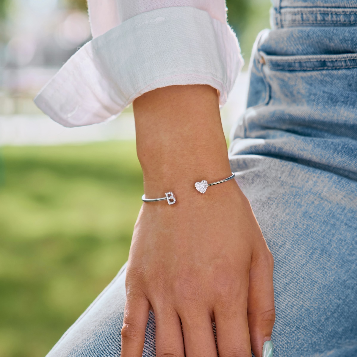 Letter Pave Heart Adjustable Bangle Bracelet