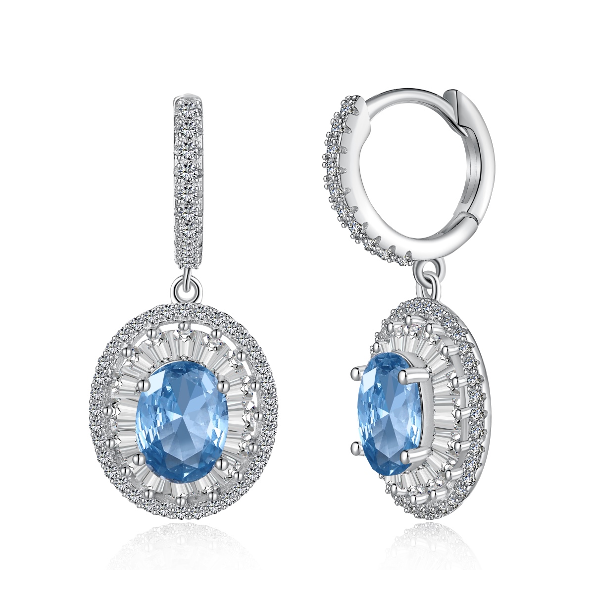 Luxurious Blue Legend Oval Halo Pave Drop Sterling Silver Earring