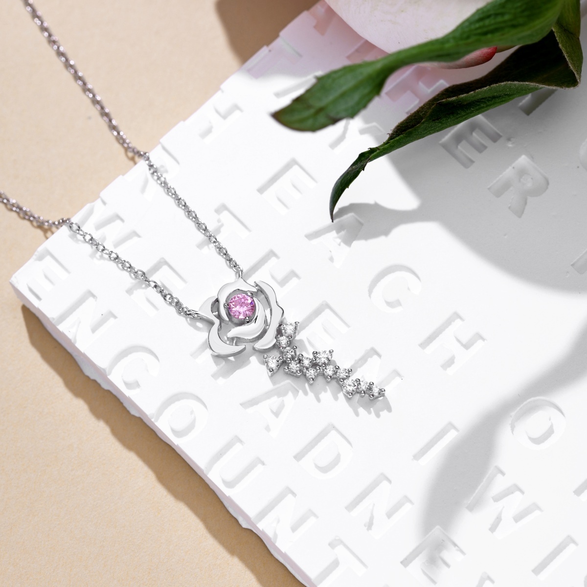 Pink Rose Love Sterling Silver Pendant Necklace