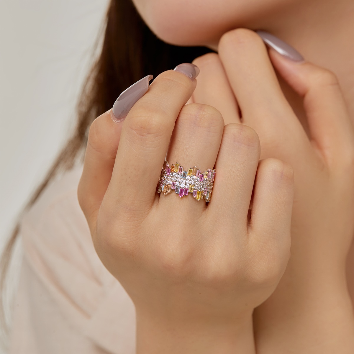 Rainbow Symphony Sterling Silver Pave Ring